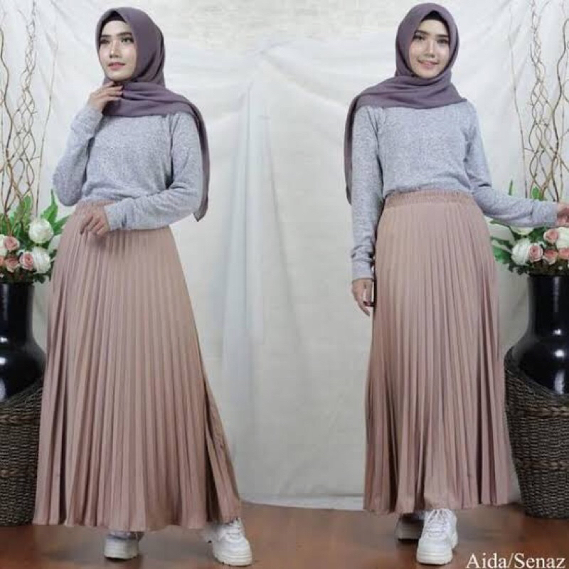 Warna Coklat Susu Rok Plisket Wanita Import Kekinian
