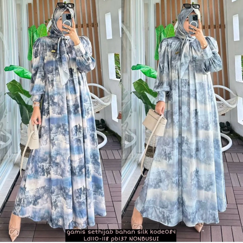 gamis set hijab bahan silk abstrak