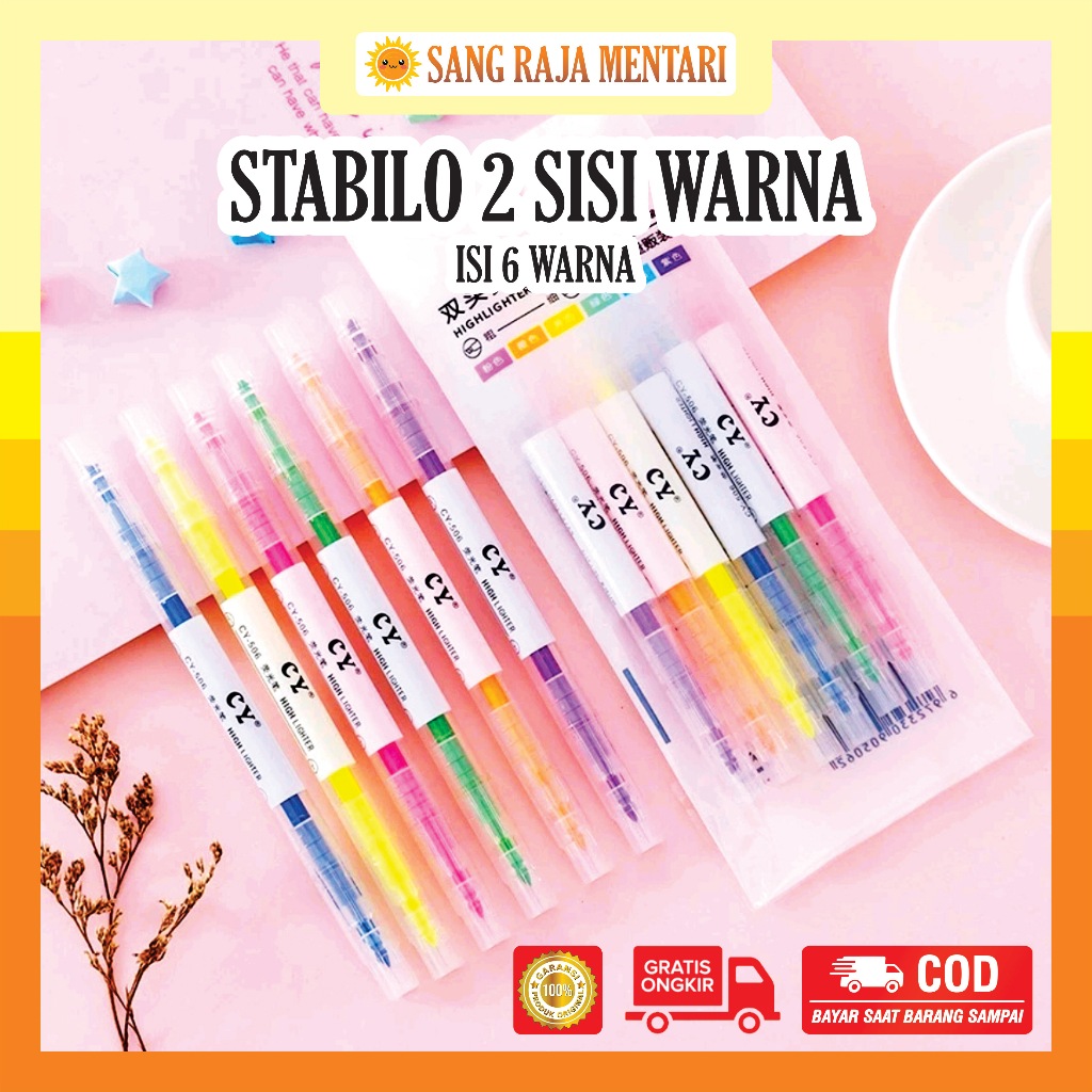 

Stabilo 2 Sisi Warna Warni isi 6 pcs | Highlighter 2 Arah Penanda Tulisan Anak Sekolah Kantor
