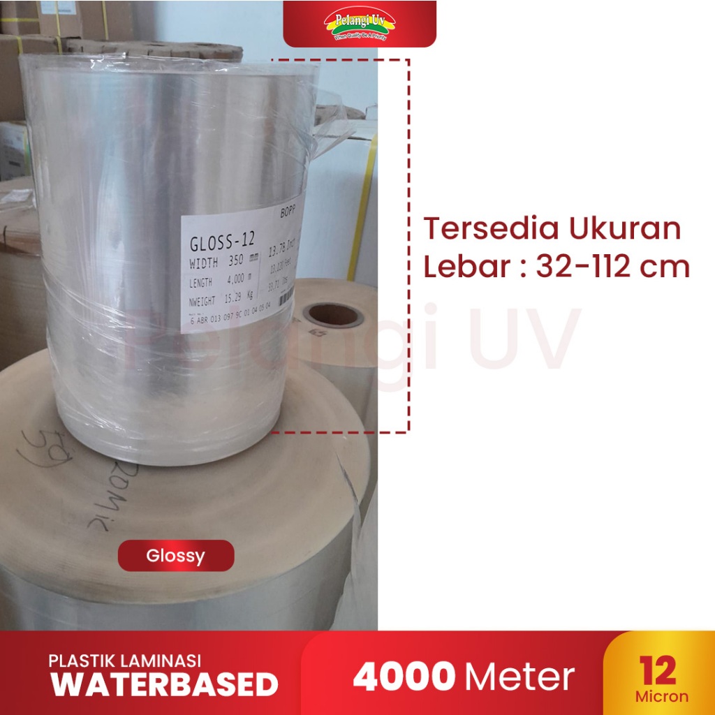 

Grosir Plastik Laminasi Food Grade / Laminating Dingin / Waterbased Glossy (Mengkilap) ROLL Ukuran 35cm x 4000m x 12micron - Pelangi UV