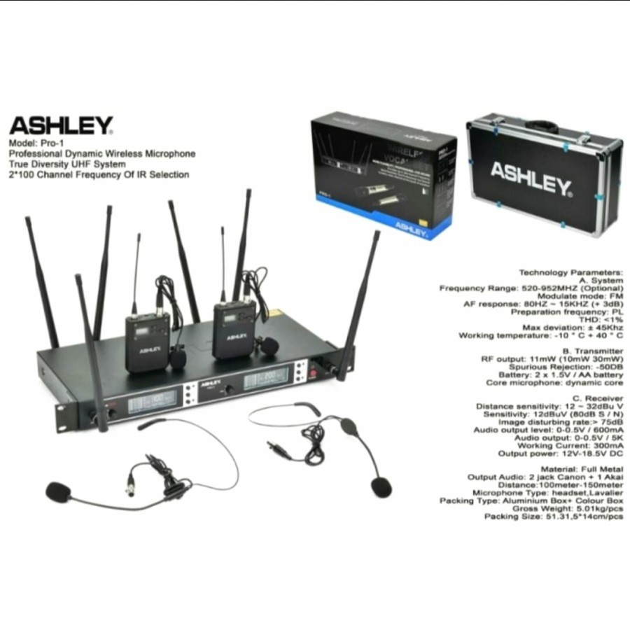 mic wireless ASHLEY PRO1 PRO 1 bh clip on+2bh headset