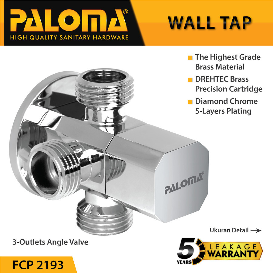 PALOMA FCP 2193 Stop Keran Cabang 3 Toilet WC Jet Shower Closet Mesin Cuci Tembok Kran Air 1/2 Inch