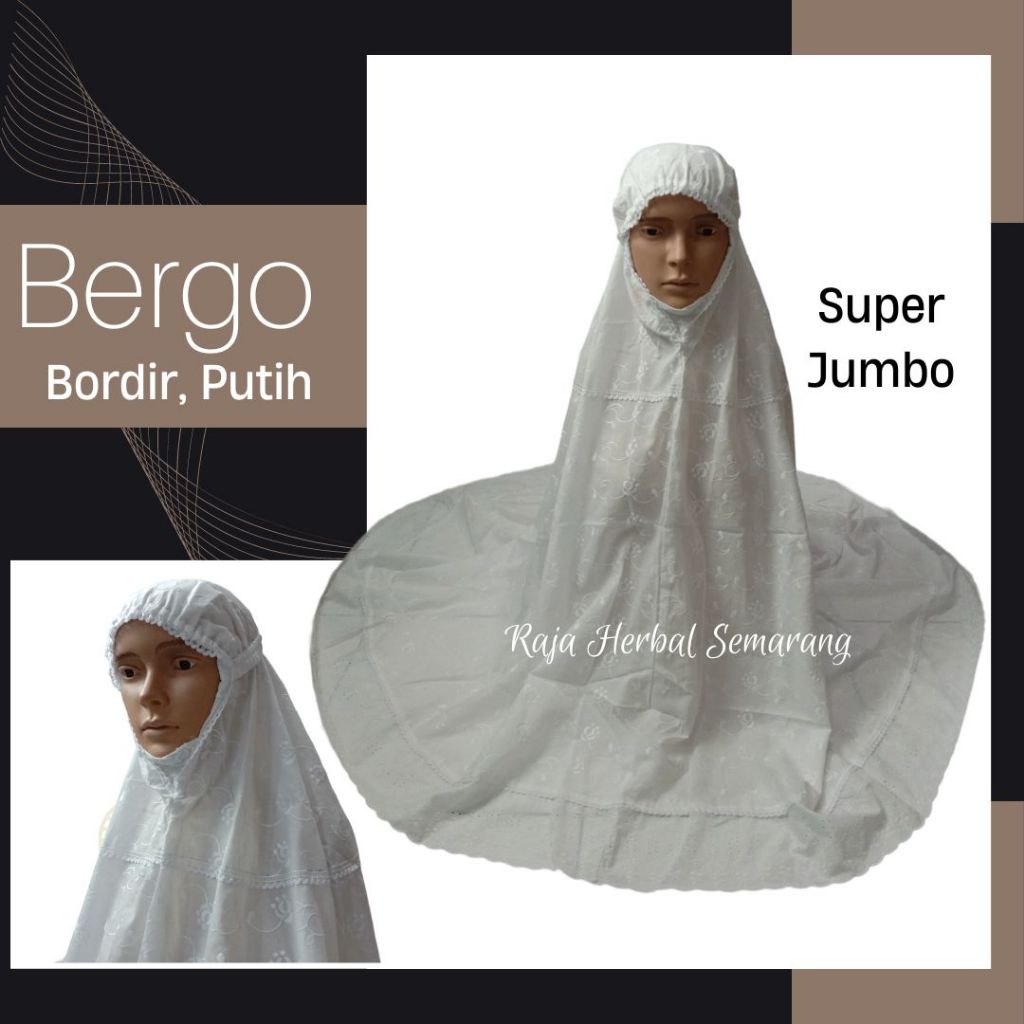 Bergo Bordir Super Jumbo | Warna Putih Jilbab Kerudung Instan Warna Putih Besar Jumbo Ihram Ihrom Wa