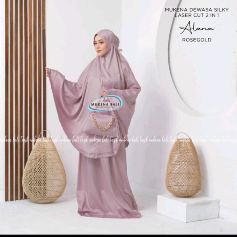 Mukena Bali Tasik-Mukena Dewasa Silky Laser Cut 2 in 1 Polos Alana