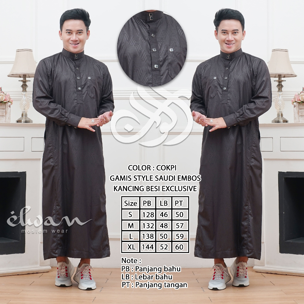 ELWAN -  Gamis Jubah Saudi Mofif Embos Tangan Manset Kancing Klip Bahan Toyobo Premium Size S M L XL