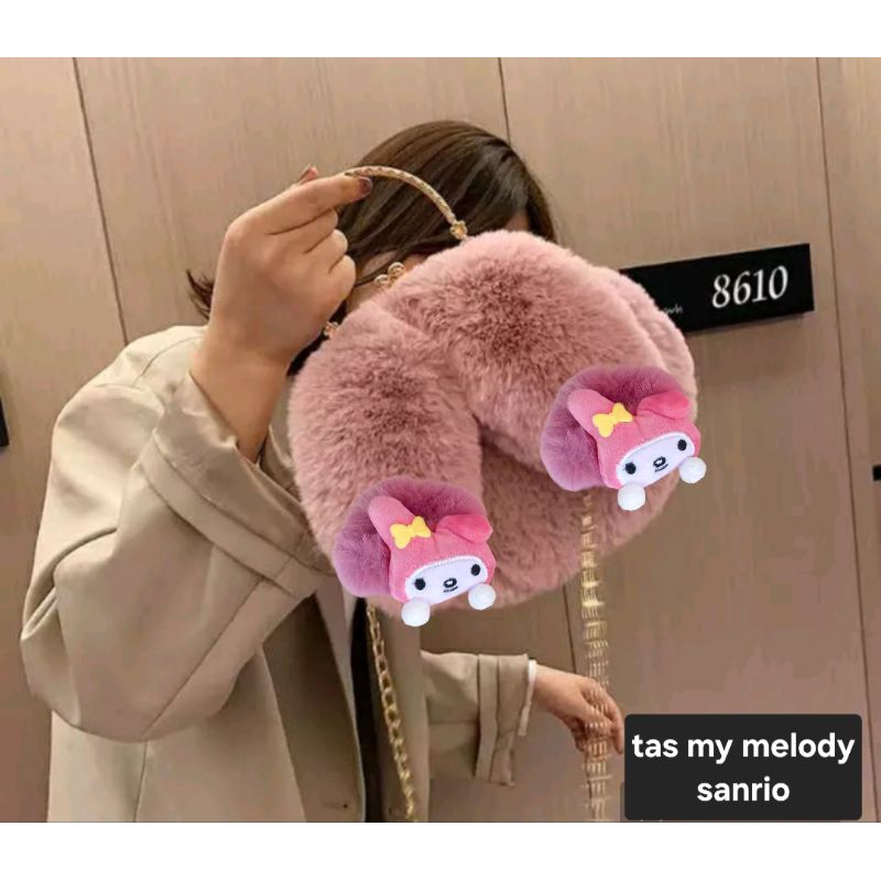 tas my melody/tas cewek bulu/tas anak bulu/tas sanrio/tas bulu sanrio/tas bulu mewah/tas pesta anak/