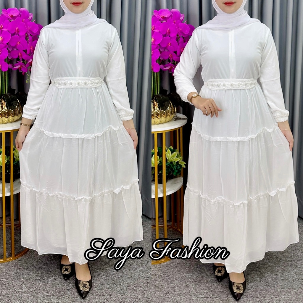 Gamis Ceruty Rempel Polos Tali 7104 Baju Muslim Putih
