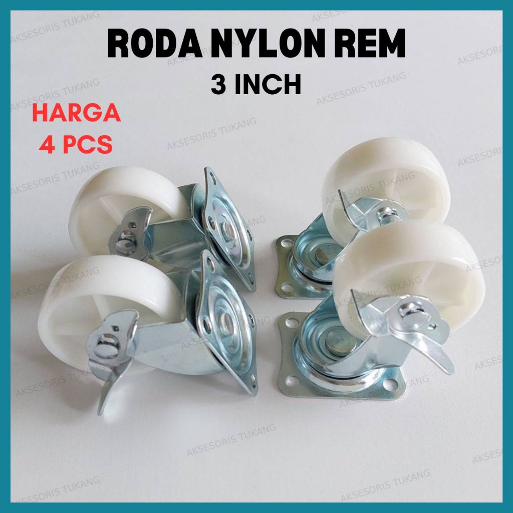 Roda Troli Rem 3 Inch 1 Set 4 Pcs Roda Caster Nylon Rem Hidup 3" Inci
