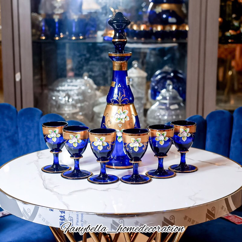 Pajangan Satu Set Tea Set Toples Bohemia Asli Kristal biru Gold Eropa Dekorasi Rumah/ FANYBELLA