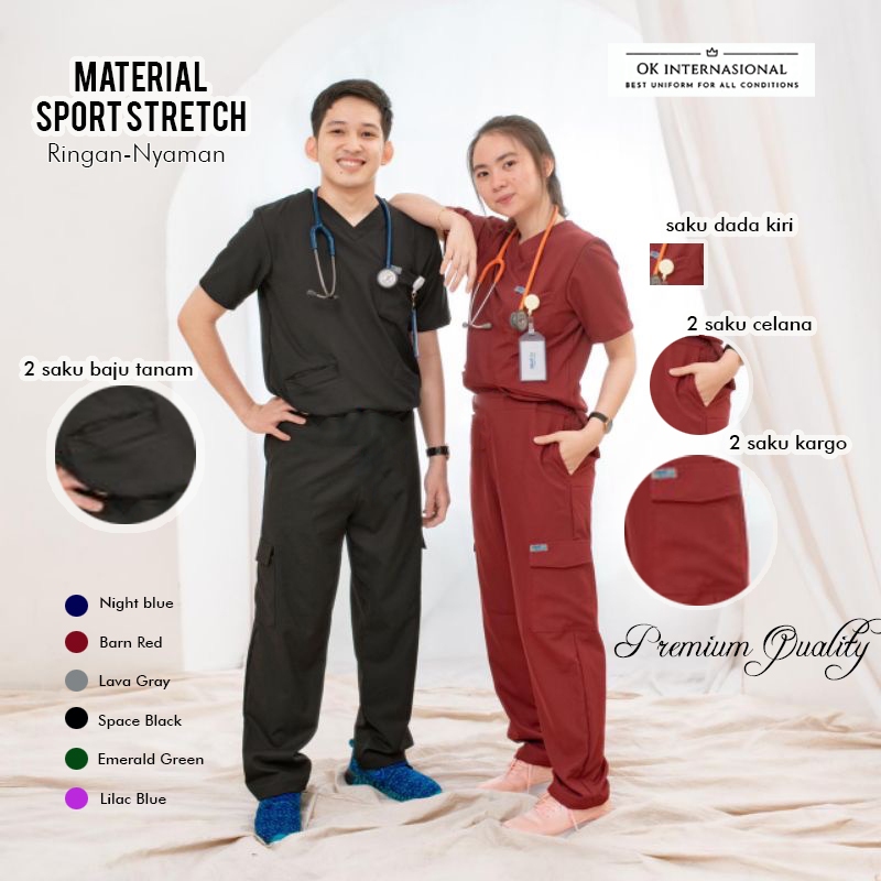 (Cotton Stretch - Lengan Pendek) Setelan Baju Celana Jaga OK Oka Scrub Medis Nakes Perawat Dokter - 