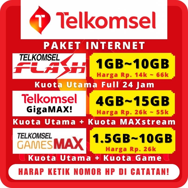 TELKOMSEL Paket Data Internet Flash / GigaMAX / GamesMAX / MAXstream / Kuota OMG & Sosmed
