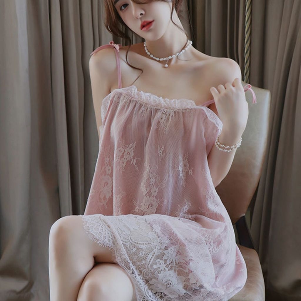 Lingerie Seksi Set D-111 All Size / Big Size Double Layer Polyester Blend Lace Daster Pakaian Dalam Baju Tidur Wanita Dewasa Seksi Baju Dinas Malam Panjang Import-5