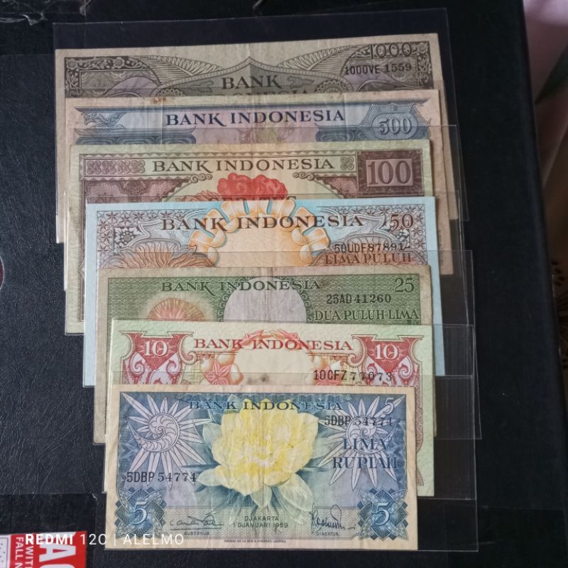 set lengkap uang kertas kuno seri bunga tahun 1959