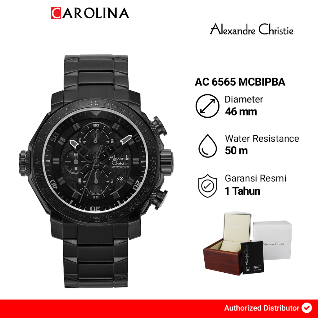 Jam Tangan Pria Alexandre Christie Chronograph AC 6565 MCBIPBA Black Dial Black Stainless Steel Stra