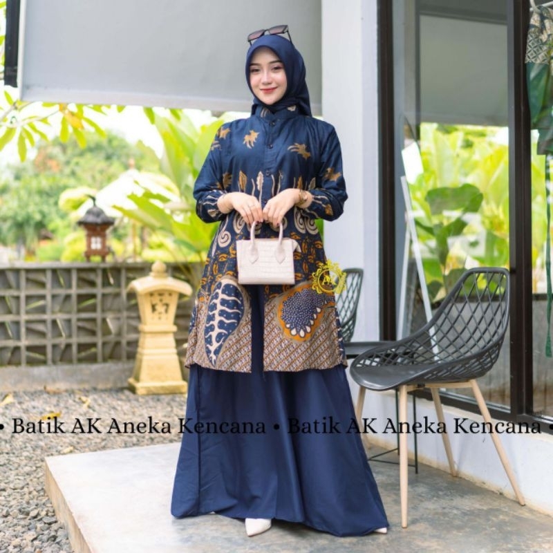 Baju Gamis Batik Wanita Modern Kombinasi Polos Pekalongan Jumbo Lebaran Terbaru