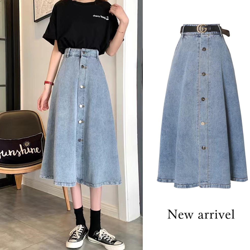 ART J42E wanitaidrok kancing depan rok plisket rok korean style rok midi rok denim panjang rok high 