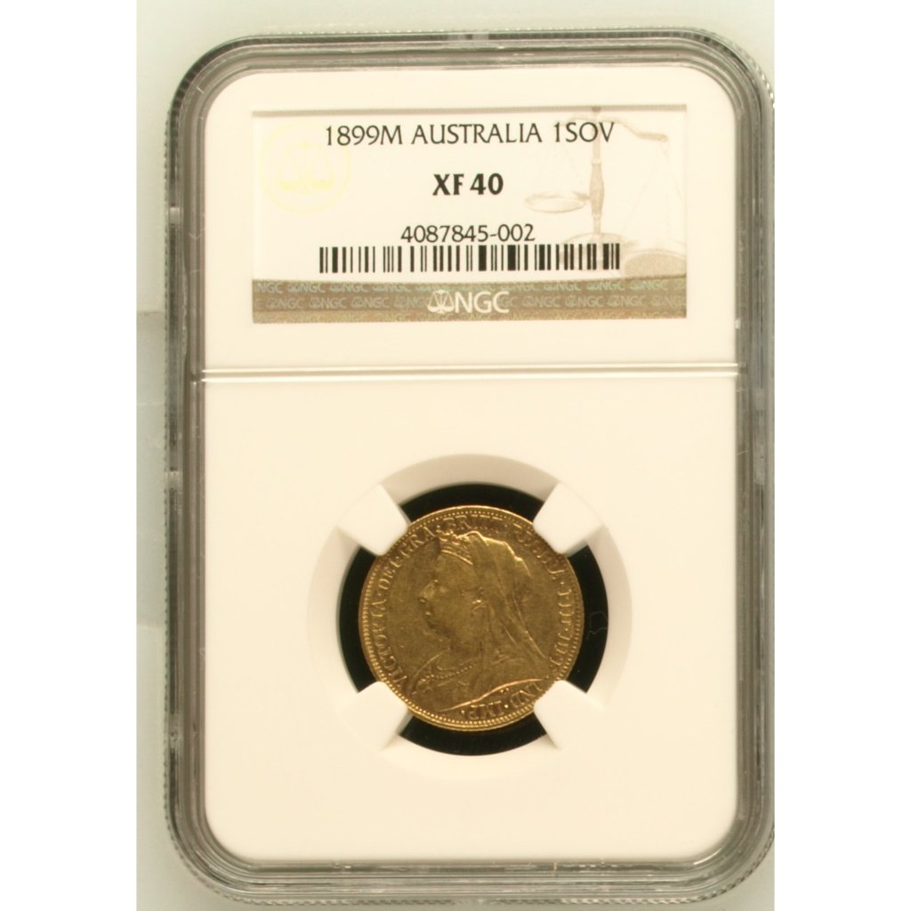 Koin Emas Kuno Australia 1 Sovereign Victoria 1899M NGC XF40