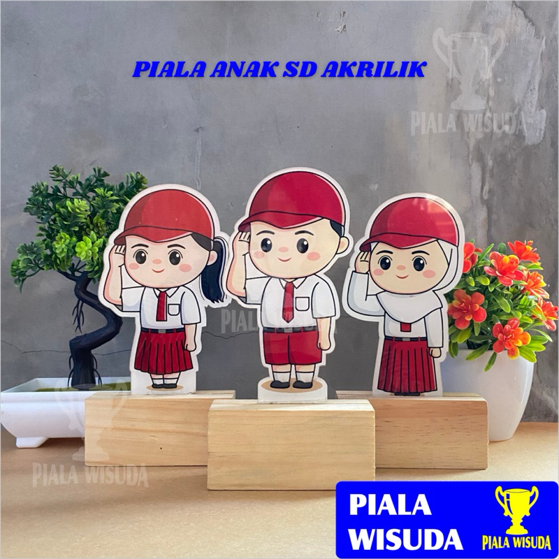 Piala Akrilik Sekolah (Siswa SD) Tatakan Kayu Free Stiker Nama - Piala Akrilik Karakter Sekolah Sera