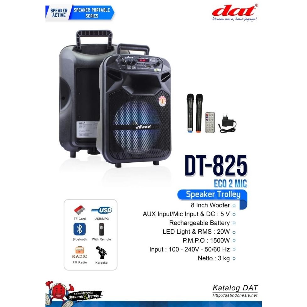 SPEAKER TROLLEY DAT DT 825 / DT825 ECO 2 MIC 8 INCH + 2 MIC WIRELESS