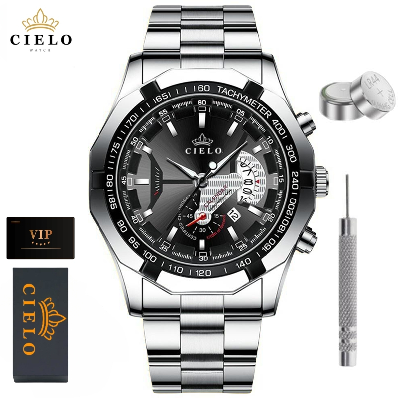 CIELO S001 Jam Tangan Pria Anti Air Original Luxury Stainless Steel COD Free BOX+Kartu-Cielo-Black+Silver