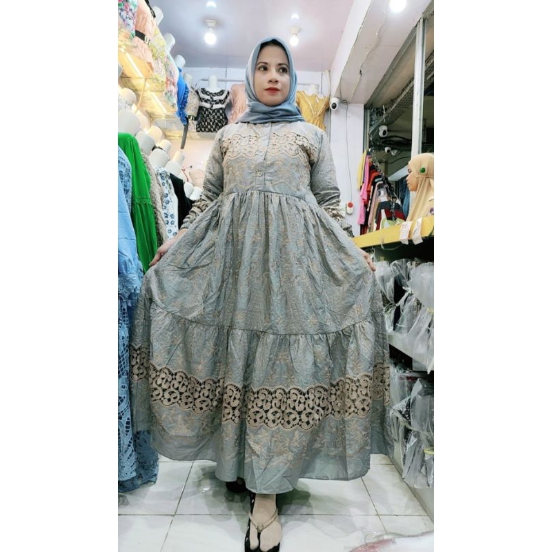 DRESS MIDI BROKAT IMPORT BORDIR TIMBUL BAHAN KATUN SONGKET PREMIUM VERSI SALVINA