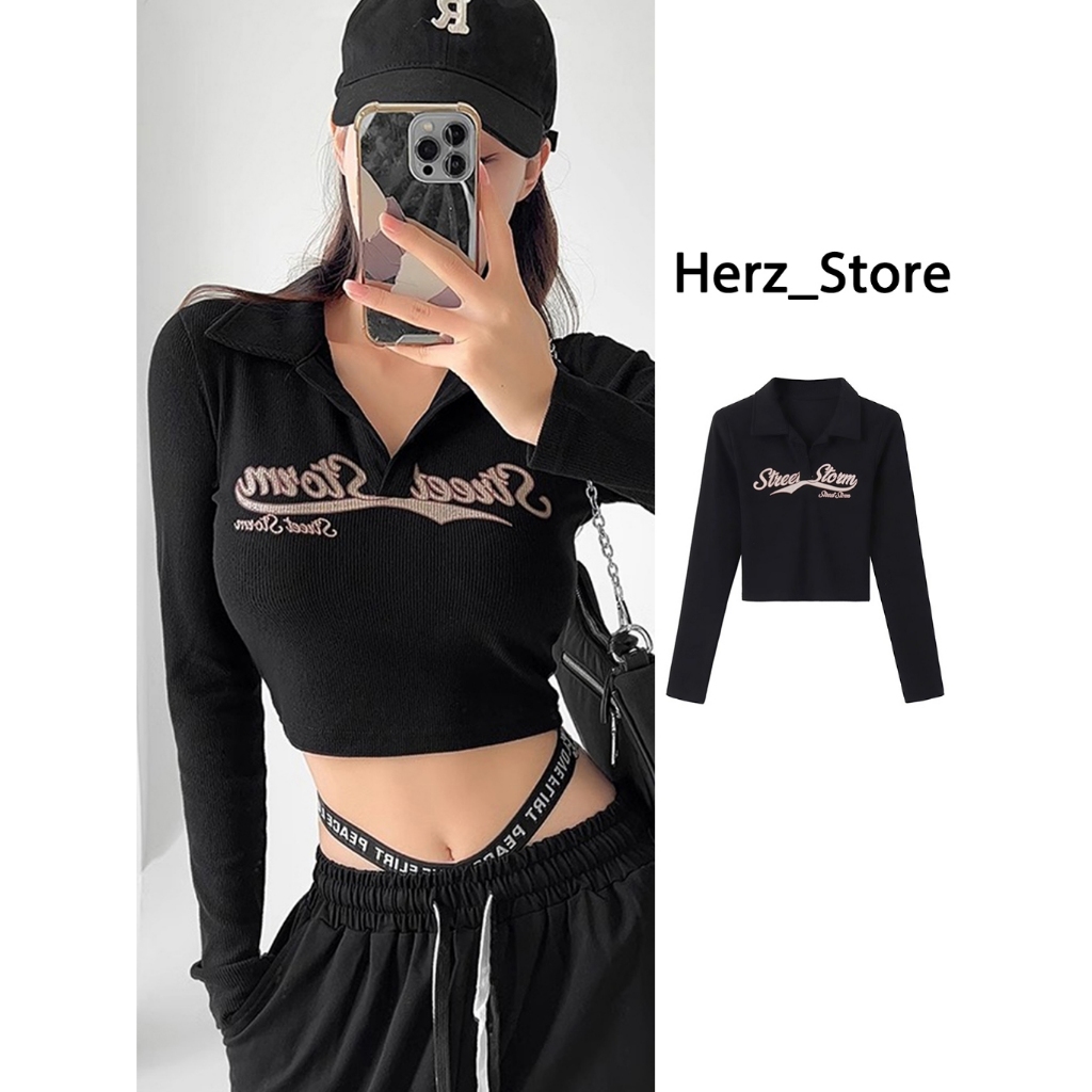 Y2K Retro Hot Girl Atasan Lengan Panjang Hitam Wanita Kaos Rajutan Bermotif T Shirt Gadis Seksi Keta