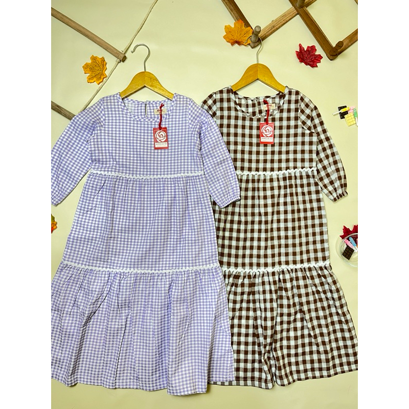 DRESS PANJANG BAJU MUSLIM GAMIS ANAK PEREMPUAN KATUN MOTIF KOTAK 3-10 TAHUN