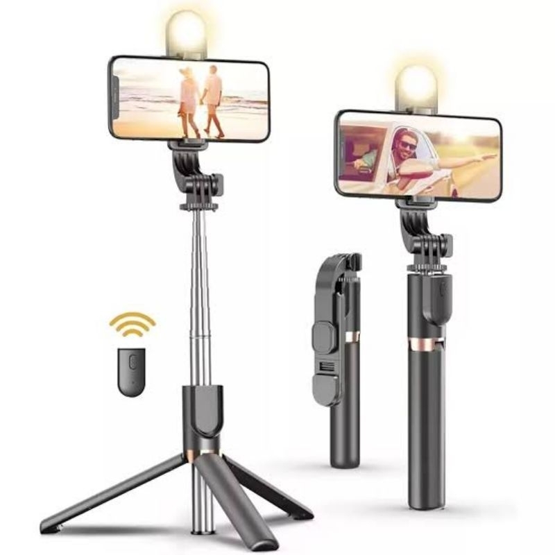 tongsis bluetooth 4 in 1, 130cm selfie stik, remot dan lampu, bisa jadi tripod