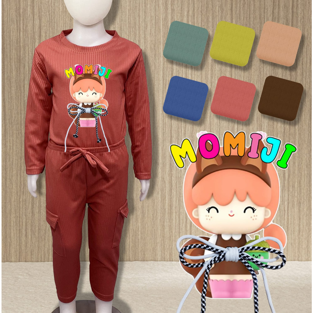 Setelan Baju Anak Cewek Knit Pita Momiji Cargo Umur 2-13 Tahun