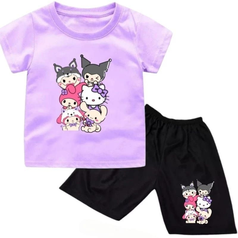baju kaos setelan anak anak cewek motif kuromi santio untuk umur 1-10 tahun