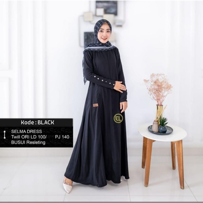 Selma dress gamis twill ori warna hitam by batik elzhaf ld 100cm
