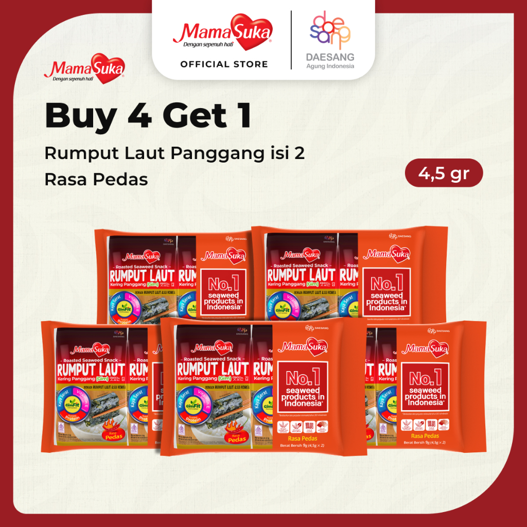 

Buy 4 Get 1 MamaSuka - Rumput Laut Panggang Pedas Isi 2 4,5 gr