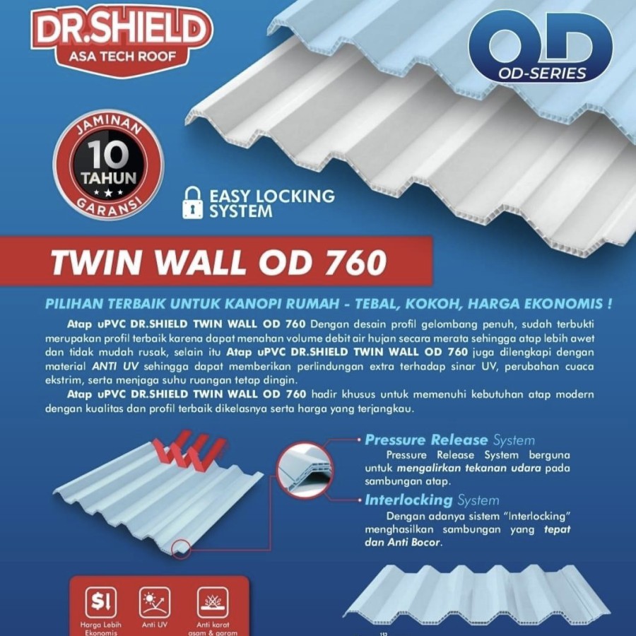 DR Shield OD760 Penutup Atap UPVC Twin Wall OD 760/ DRShield Atap U-PVC Putih Biru Dof