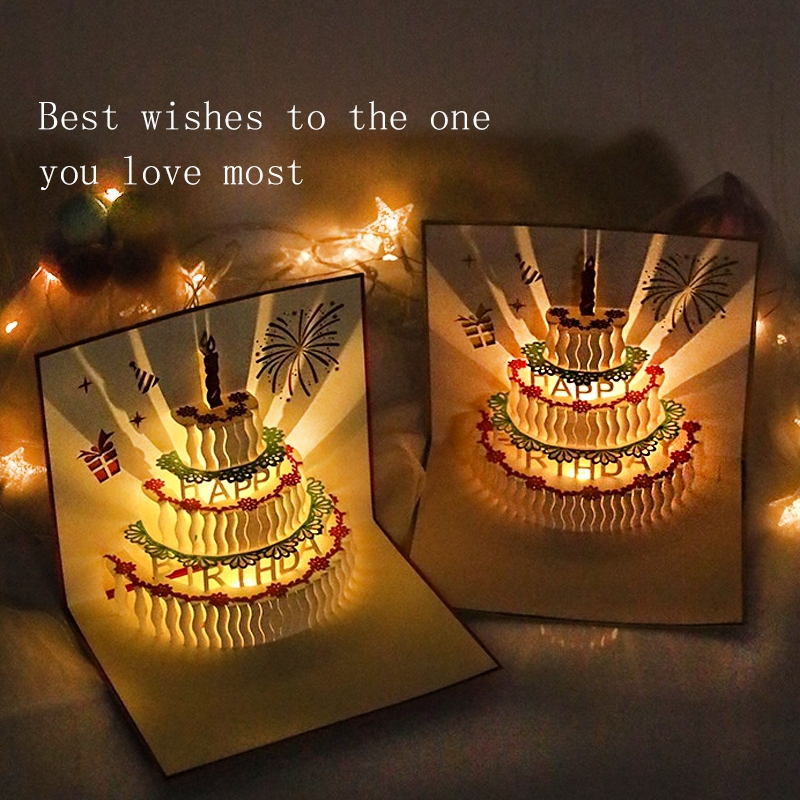 Kartu ulang tahun 3D Kartu Ucapan Pop Up Kue Ulang tahun 3D Dengan Lampu Musik Kartu Ucapan Pop Up 3
