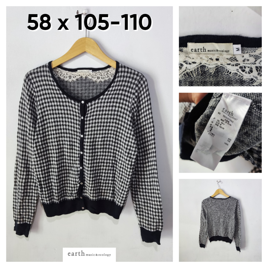 Cardigan Earth Music & Ecology Navy Motif Kotak O Neck Size M Wanita Atasan Cewek Outer Knit Cardi S