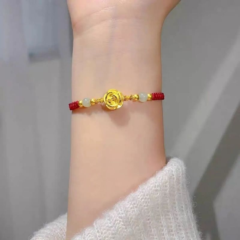 gelang tali giok charm bunga mawar dan bola isi 3 emas asli 24k hongkong 99