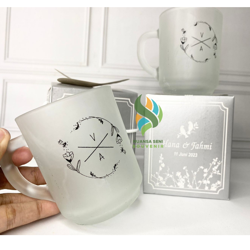 Souvenir Gelas CG Kaca Doff Cangkir Kopi Gagang Beling Mug Teh Kaca Dof Sablon Kemas Paper Box
