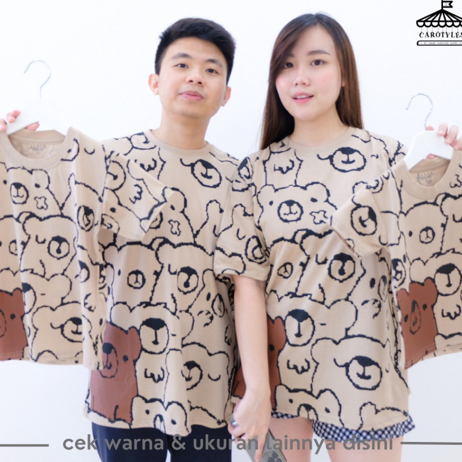 Terlaku CAROTYLES Baju Kaos Couple Keluarga Motif Bear FP Wanita Atasan Lengan Pendek Katun Cauple C