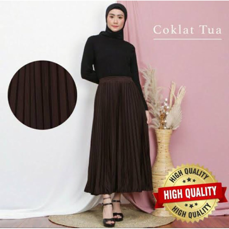 Warna Coklat Tua Rok Plisket Wanita Kekinian Terbaru Import Premium