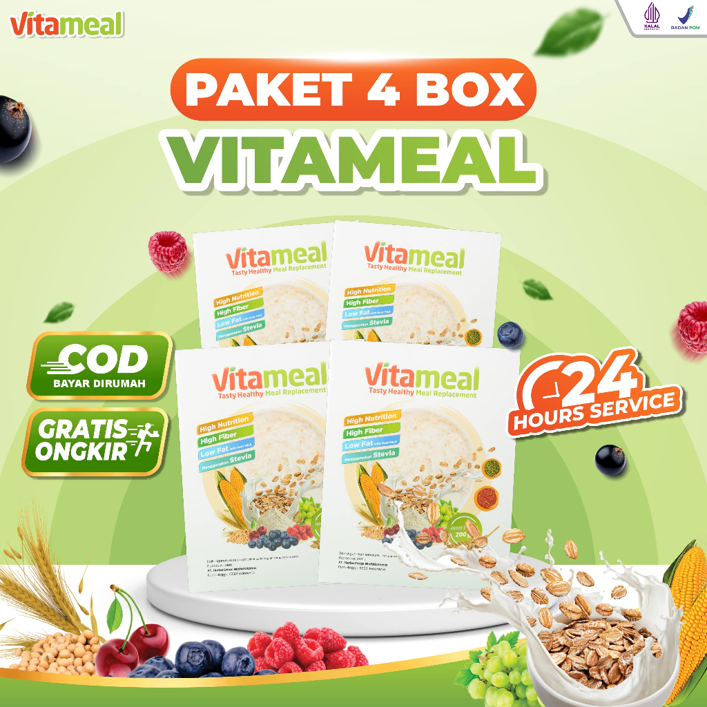 

PAKET 4 BOX VITAMEAL - Paket Sehat Bebas Kolesterol Diabetes Menurunkan Gula Darah Tinggi Pengganti Sarapan Sereal Sehat Bergizi Menyehatkan Badan Makanan Diet Pelangsing Kaya Serat Nutrisi Pendamping Makan Penderita Diabetes Asli Original