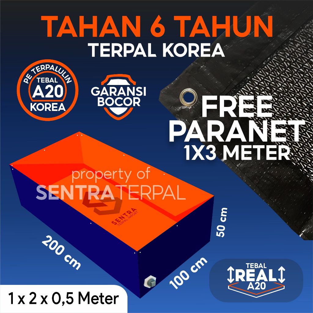 [FREE GRATIS Paranet] Kolam Terpal Kotak  200x100x50 / 100x200x50 / 2x1x50 / 1x2x50 tebal A20 A15  B