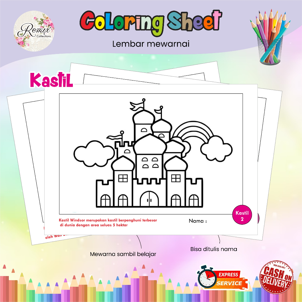 

Kertas Mewarnai tema KASTIL / Kertas Gambar / Kertas Warna Anak TK SD / Watercolor