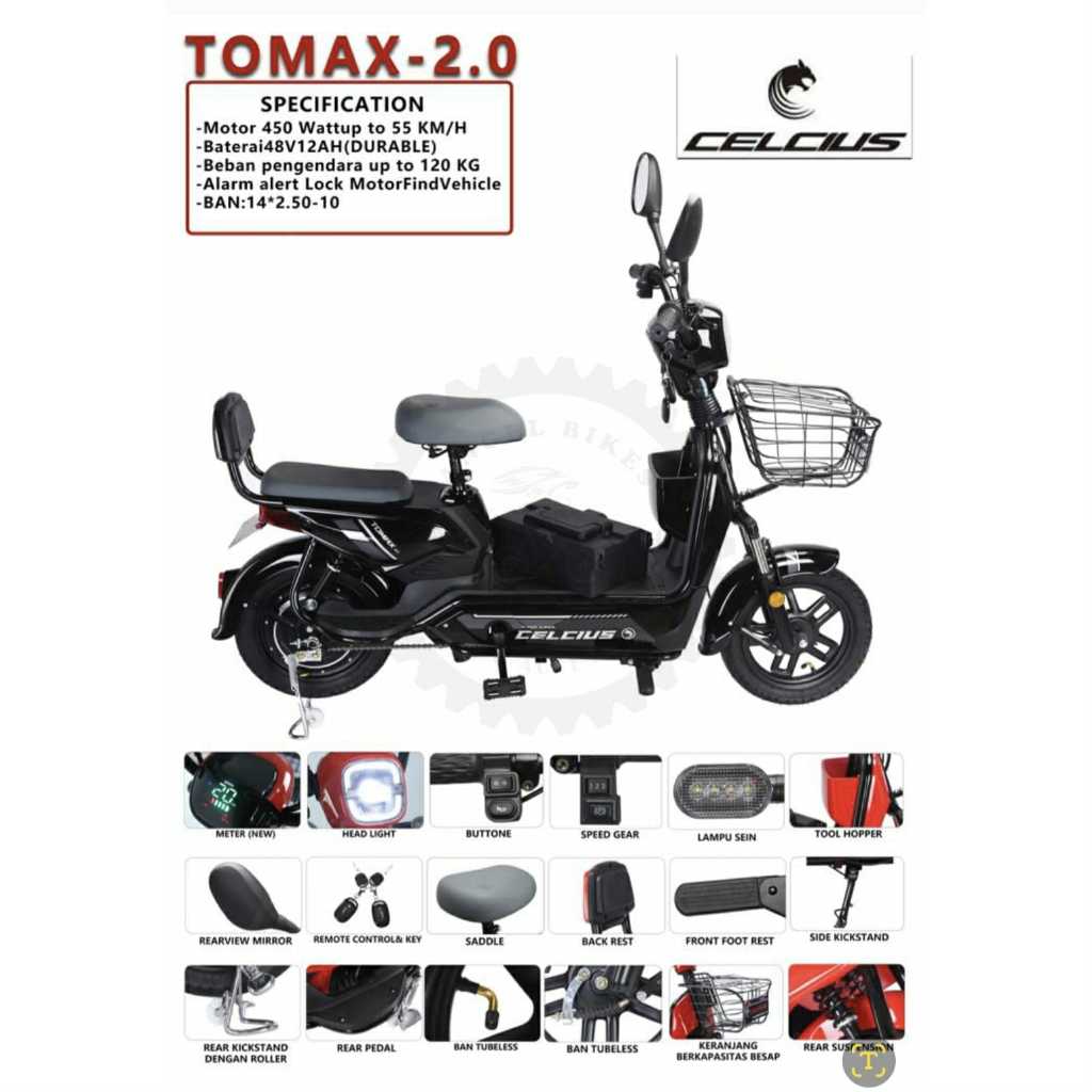 Sepeda Listrik CELCIUS TOMAX 2.0 Batre Portable 500 Watt 48V 12 AH