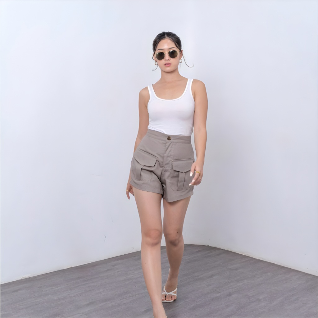 Hotpants Cargo Wanita Celana Pendek Highwaist Hot Pants Casual Outfit Cewek Seksi Pinggang Tinggi