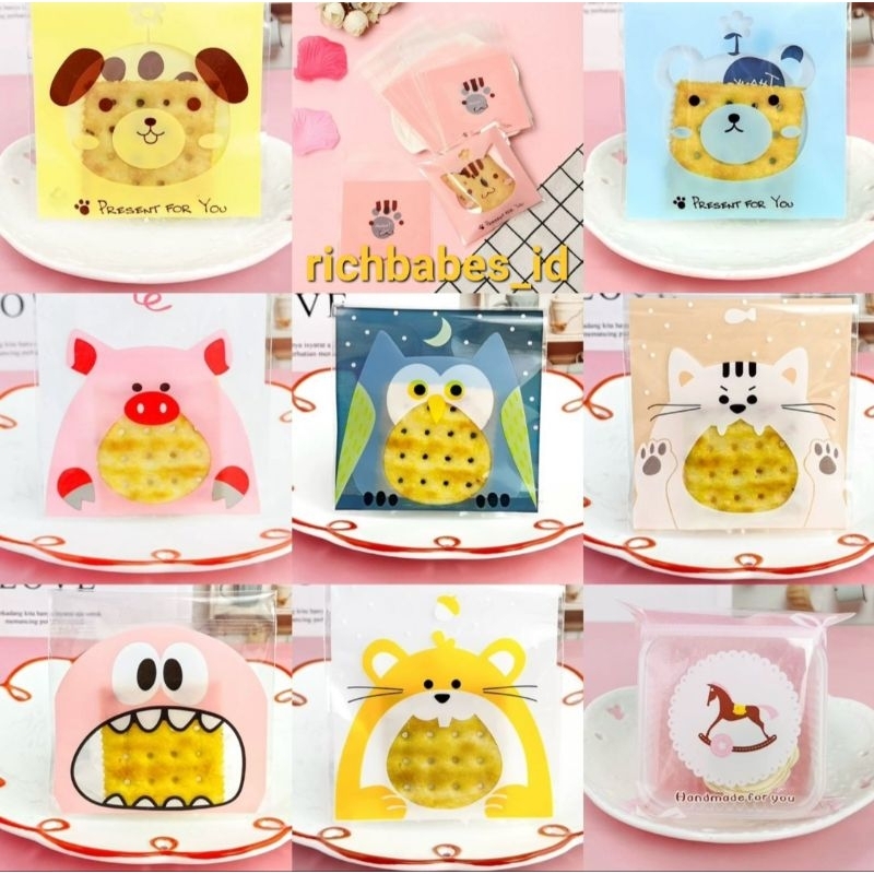 [10 pcs] plastik cookies uk 10x10 cm sudah ada lem/ plastik kue kemasan motif kartun/ plastik opp ke