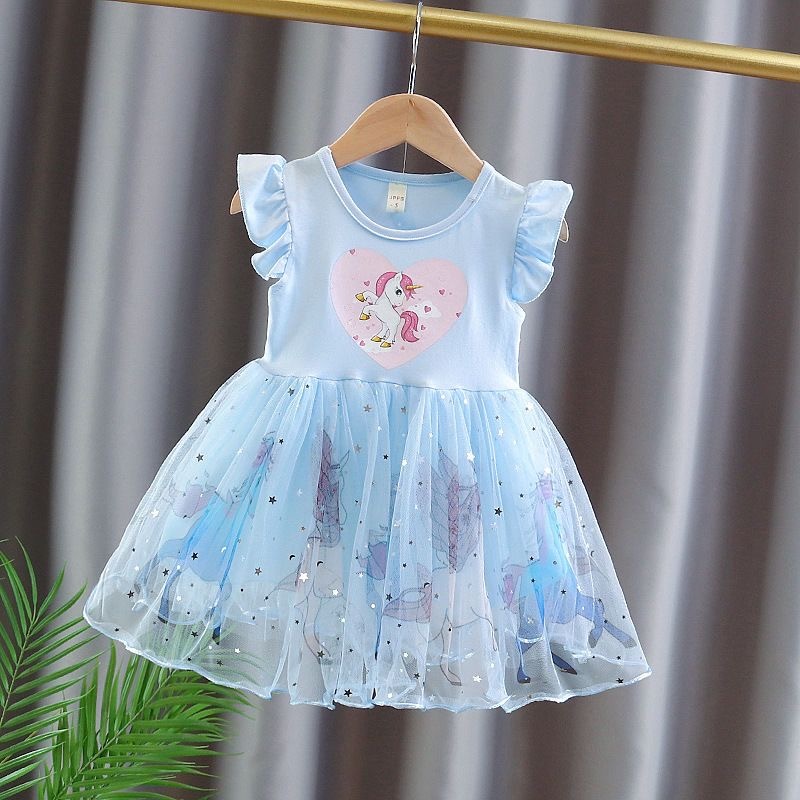 [PRINCESS KESLI] 0-7 Tahun Dress Unicorn Anak Perempuan Gaun Pesta Lucu Untuk Bayi Cewek Baju Ulangtahun Katun Kids Girls Blue Pink Image 2