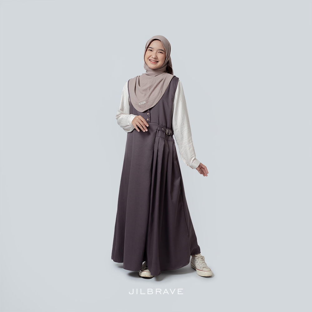 JILBRAVE Maggie Overall Gamis Casual Lebaran Inner Rayon Motif Monogram Premium Raya Collection-CREAM