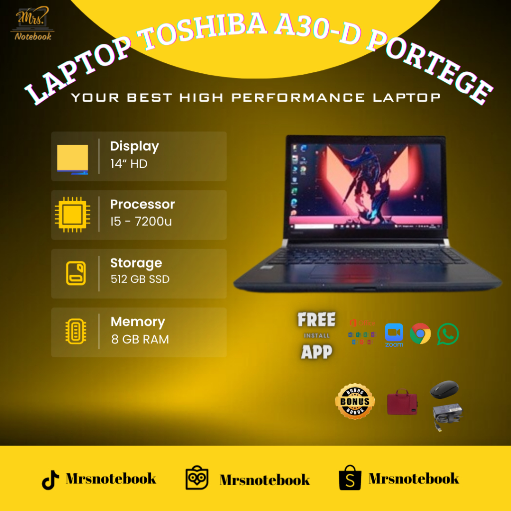 Laptop Toshiba Portege A30-D Core i5 Gen 7 Ram 8GB SSD 512GB Windows 10 pro - BERGARANSI