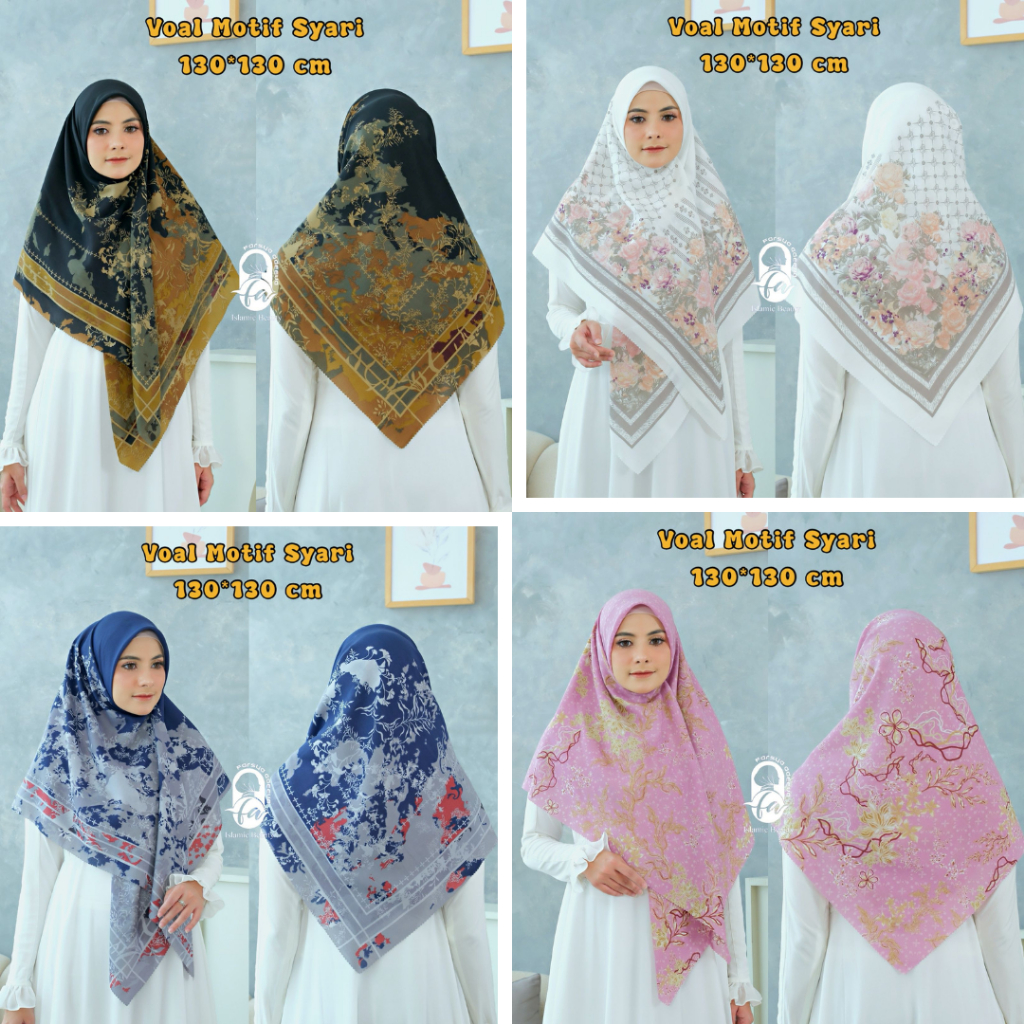 ms3. jilbab segi empat jumbo ukuran 130 x 130, kerudung segi empat motif, hijab segi empat, jilbab m