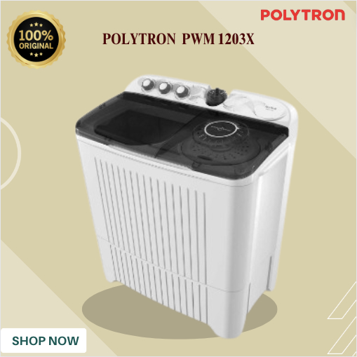 POLYTRON Mesin Cuci 2 Tabung PWM 1203X 12KG/PWM 1203X/ MESIN CUCI 12KG LOW WATT MURAH ORI BERGARANSI